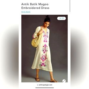 Anthropologie X Antik batik magoo embroidered maxi dress kaftkan w/ slip NWT XS